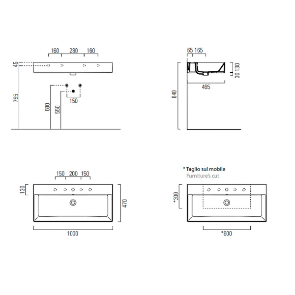 раковина gsi kube x 9423011 подвесная, 100x47 см, цвет bianco lucido