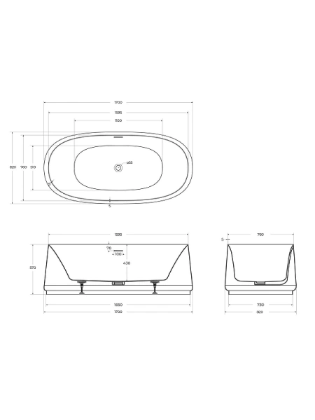 акриловая ванна cezares lux 170х82 czr-lux-central-170-82-58 цвет белый