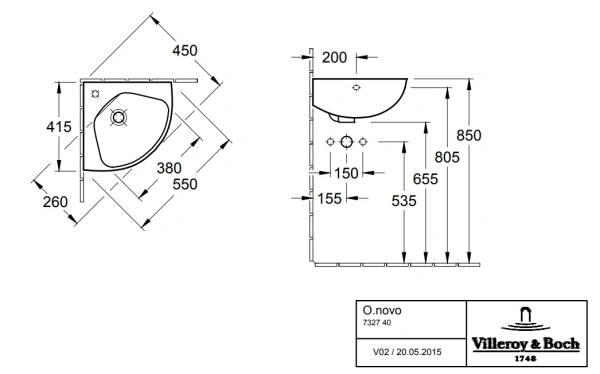 раковины villeroy & boch o.novo 73274001 подвесная, угловая, 41x45xh19,5см, альпийский белый