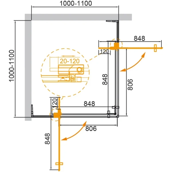 душевой уголок cezares slider slider-a-2-100/110-grigio-boro 100-110x100-110 см, профиль золотой матовый, стекло графитовое